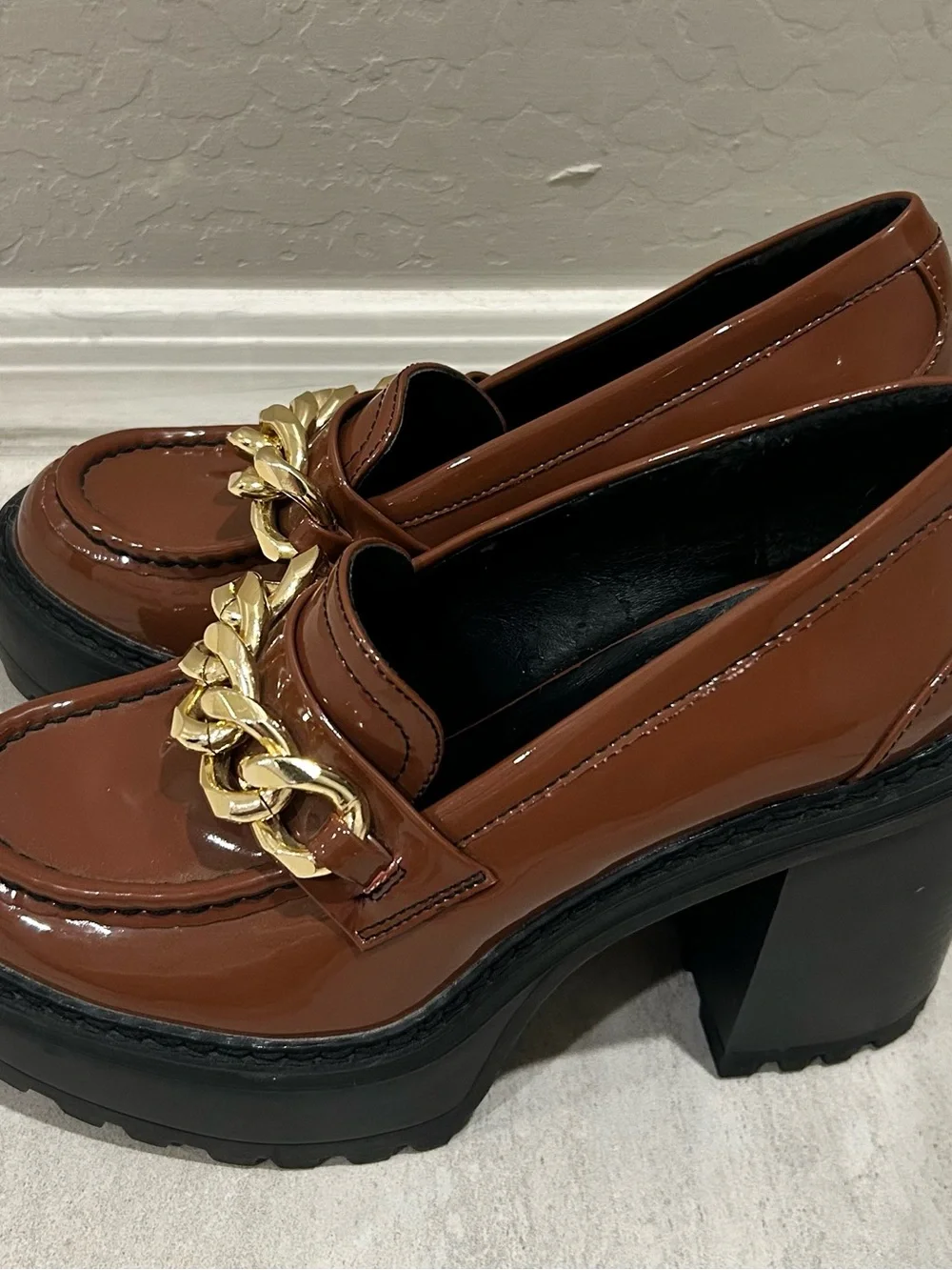 Madden Girl Brown Patent Platform Loafers with Gold Chain